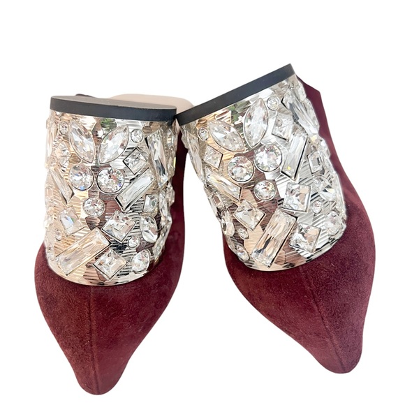 Miu Miu Burgundy Suede Crystal Embellished Block Heel Pumps - Picture 6 of 7